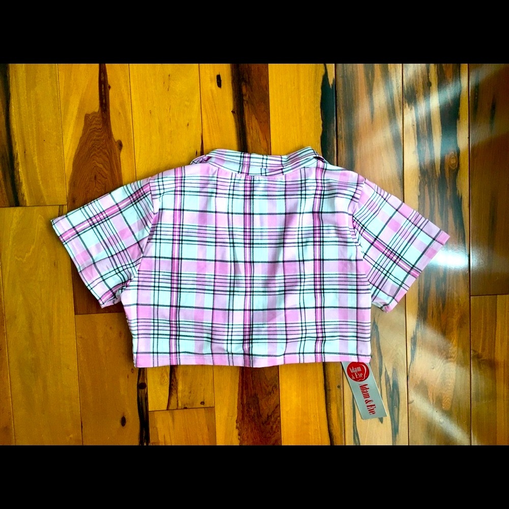 ADAM & EVE E Spiral Pink Plaid Front Tie Front Top - Picture 2 of 5